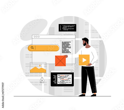 Web development, web design concept. Developer brainstorming UI and UX designs for webpage user interface or mobile app. Illustration with people scene in flat design for website and mobile 