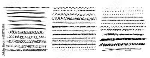 Divider, Underline, Curly Swishes, Swoops, Swirl and Signature Set Sign Hand Drawn Black Line. Vector illustration of Swashes in Doodle Style