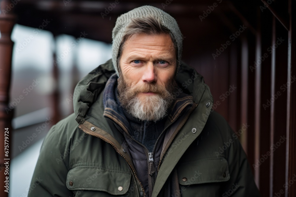 Portrait of a bearded man with gray beard and mustache in a green jacket on the street Portrait of a bearded man with gray beard and mustache in a green jacket on the street