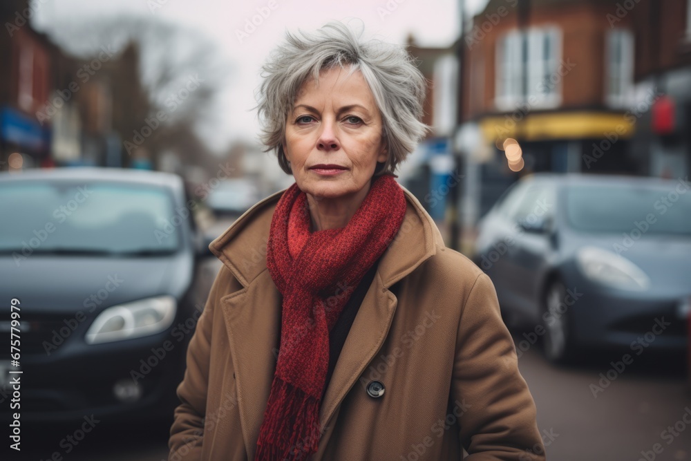 Portrait of a senior woman in a coat and red scarf on the street Portrait of a senior woman in a coat and red scarf on the street