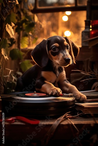 A dachshund puppy, watches an old vinyl redords spi, lo-fi background