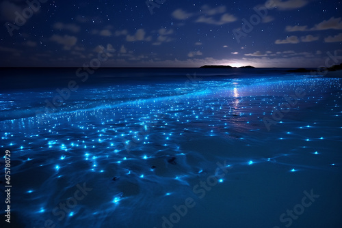 Long exposure shot of glowing plankton on the beach and milky way on the night sky, Blue bioluminescent of glow of water under the night sky photo