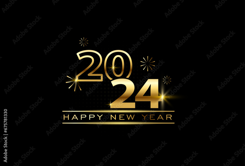 Happy new year 2024 design.fold gold color gradient. and firecrackers.vector