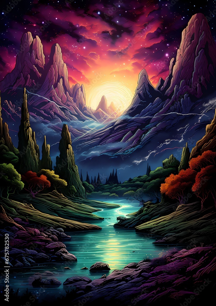 Fototapeta premium a painting that shows a night sky over a river