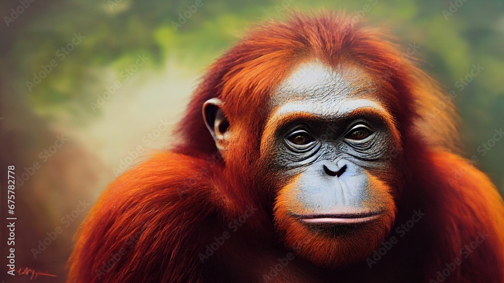 AI generated illustration of an Orangutan on a natural background AI generated illustration of an Orangutan on a natural background
