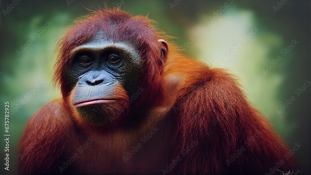 AI generated illustration of an Orangutan on a natural background AI generated illustration of an Orangutan on a natural background