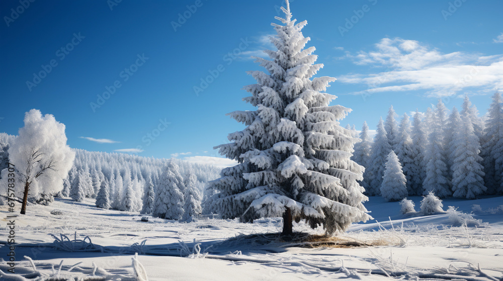 Fir tree with snow on it with bluen sky realistic