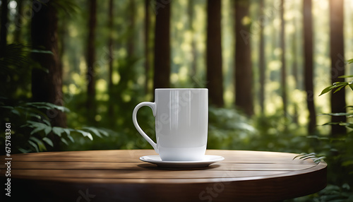 white t-shirt coffee mug or cup, blank white coffee mug mock up, on a table in a forest