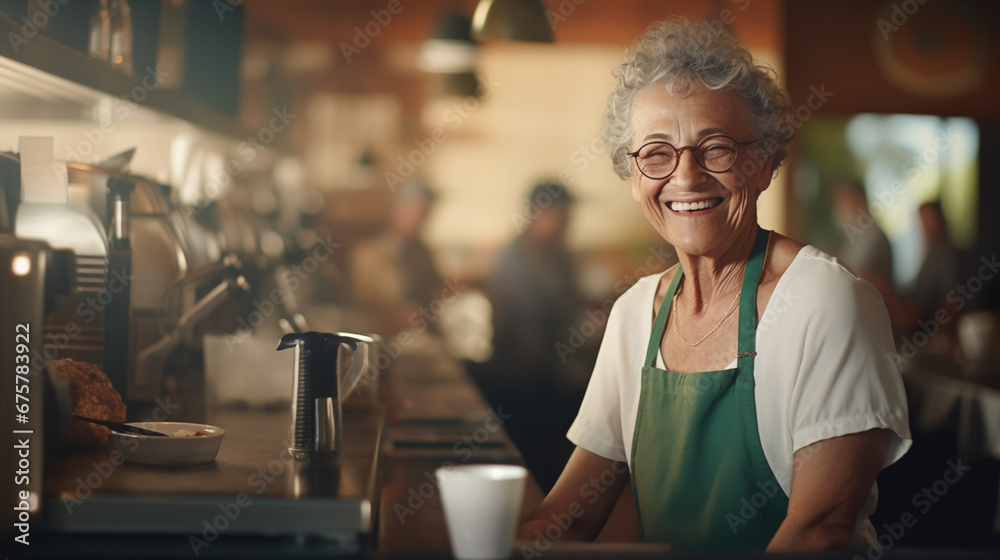 smiling old retired woman working as a barista in cafe