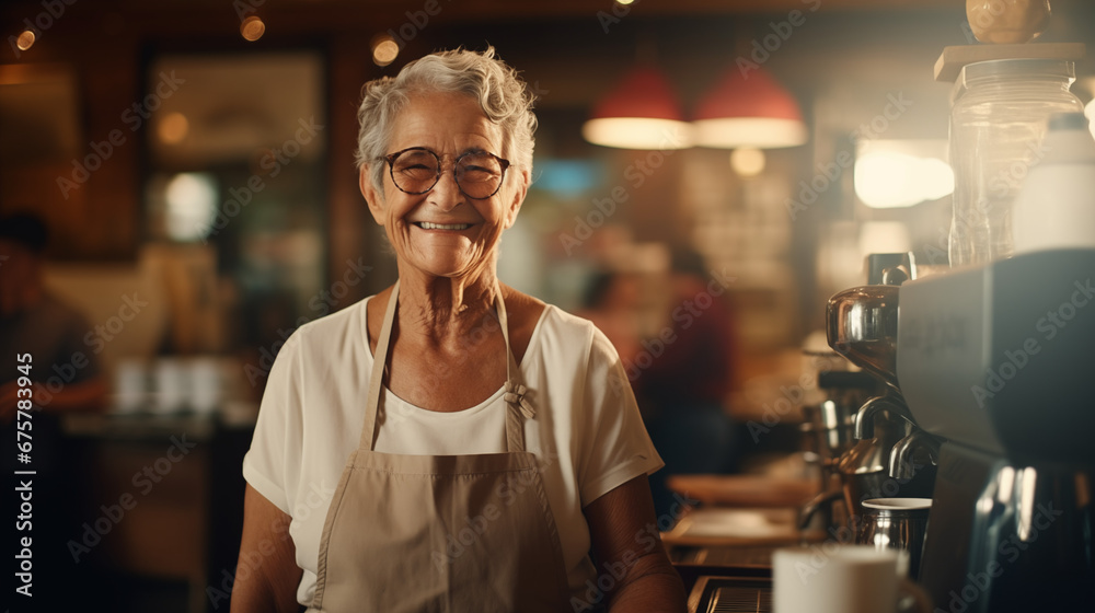 smiling old retired woman working as a barista in cafe