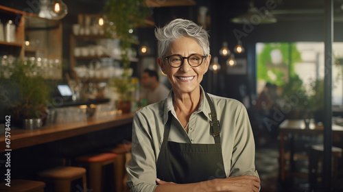 smiling old retired woman working as a barista in cafe