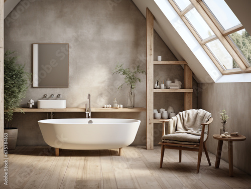 Modern white tub and beautiful green houseplants in bathroom. Interior design - bathroom with bathtub - Ai