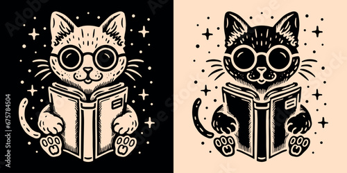 Cat reading a book. Black and beige kitten wearing glasses and holding a book. Celestial galaxy fantasy aesthetic. Vintage retro drawing for cats and book lovers. Minimalist vector illustration print.