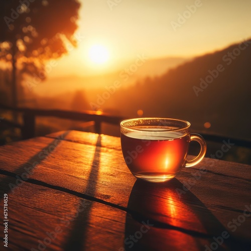 cup of tea on sunset in the morning