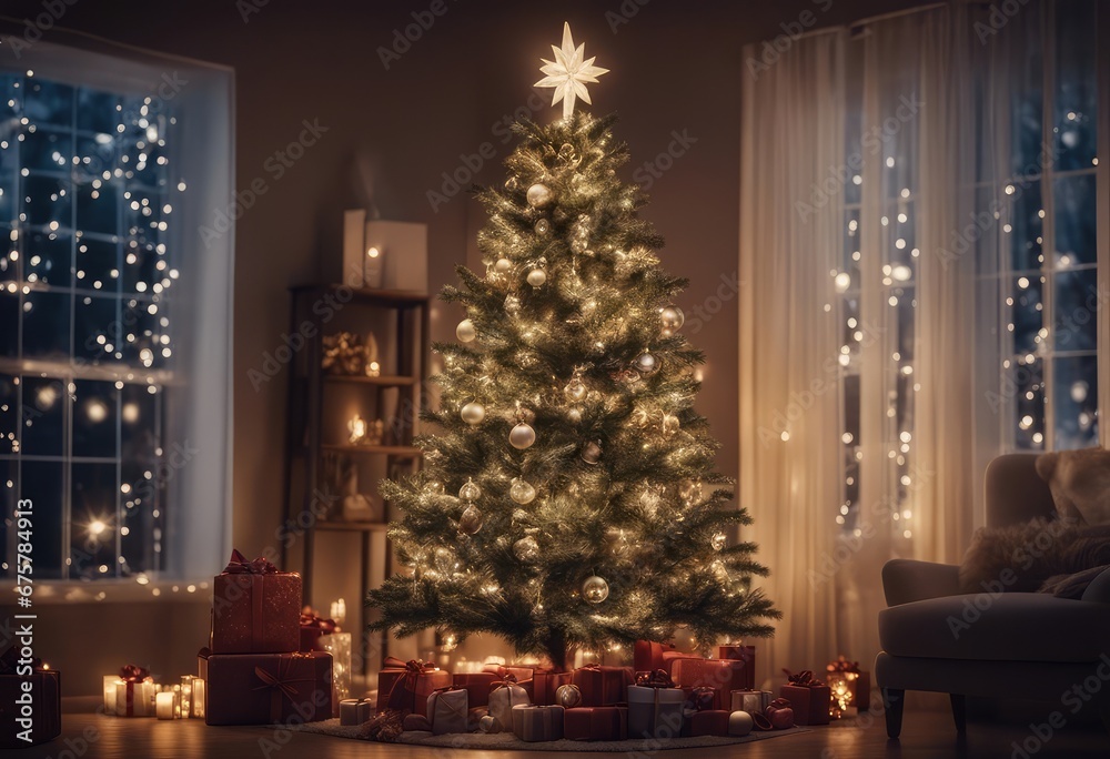 Decorated Christmas tree on blurred background,