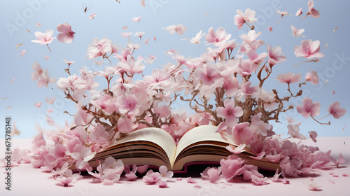a opened book with pink cherry blossom - Book Photography - A book with flowers - Ai 