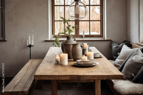 Minimalist dining area with wooden furniture and simple tableware. Winter cozy interior. Generative AI
