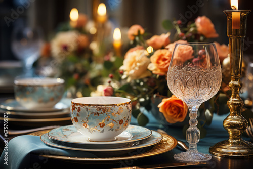 Stylish elegant table setting with candles in vintage style. Generative AI