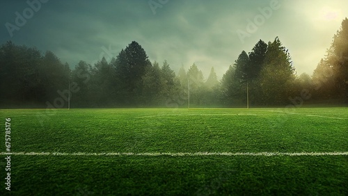 AI generated illustration of football pitch with trees and clouds in the background