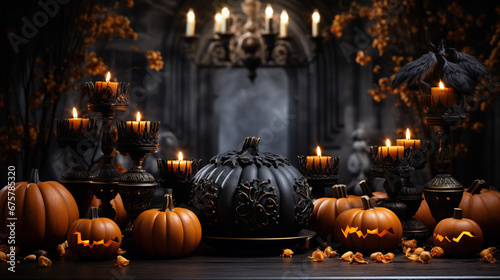 Empty black halloween table mockup with pumpkins - Mini Thanksgiving Pumpkins & Leaves On Rustic Wooden Table With Lights And Bokeh On Wood Background - halloween or thanks giving day - background -Ai