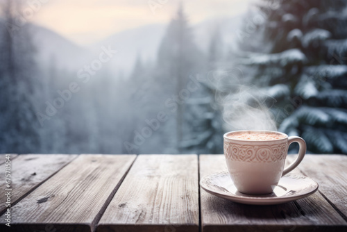 Mug of hot cocoa on a rustic wooden table with a view of snowy outdoors. Generative AI