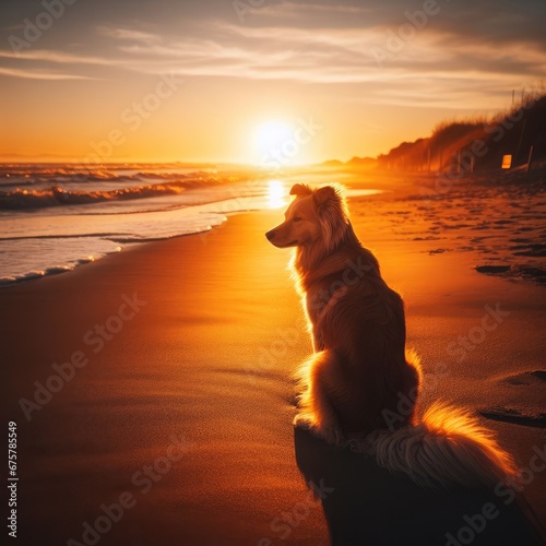 dog on the beach on sunset in the morning