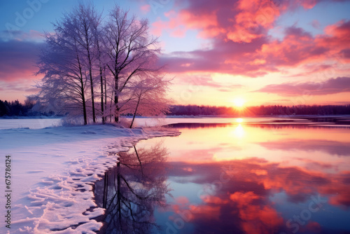 Fantastic winter landscape during sunset. Colorful sky glowing by sunlight. Dramatic wintry scene. Generative AI