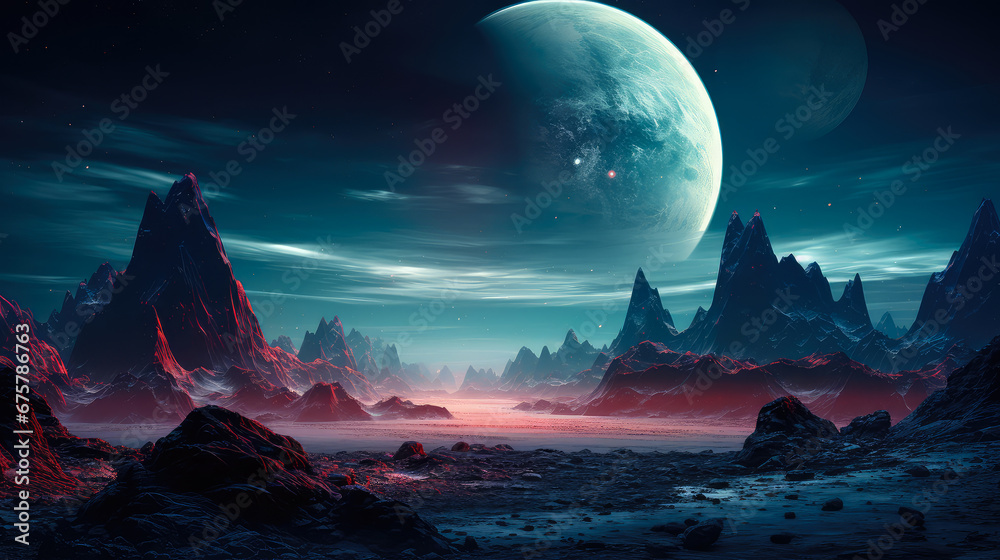 Fantasy alien planet. Mountain and lake. Alien landscape, a panorama of a surface of another planet at sunrise.