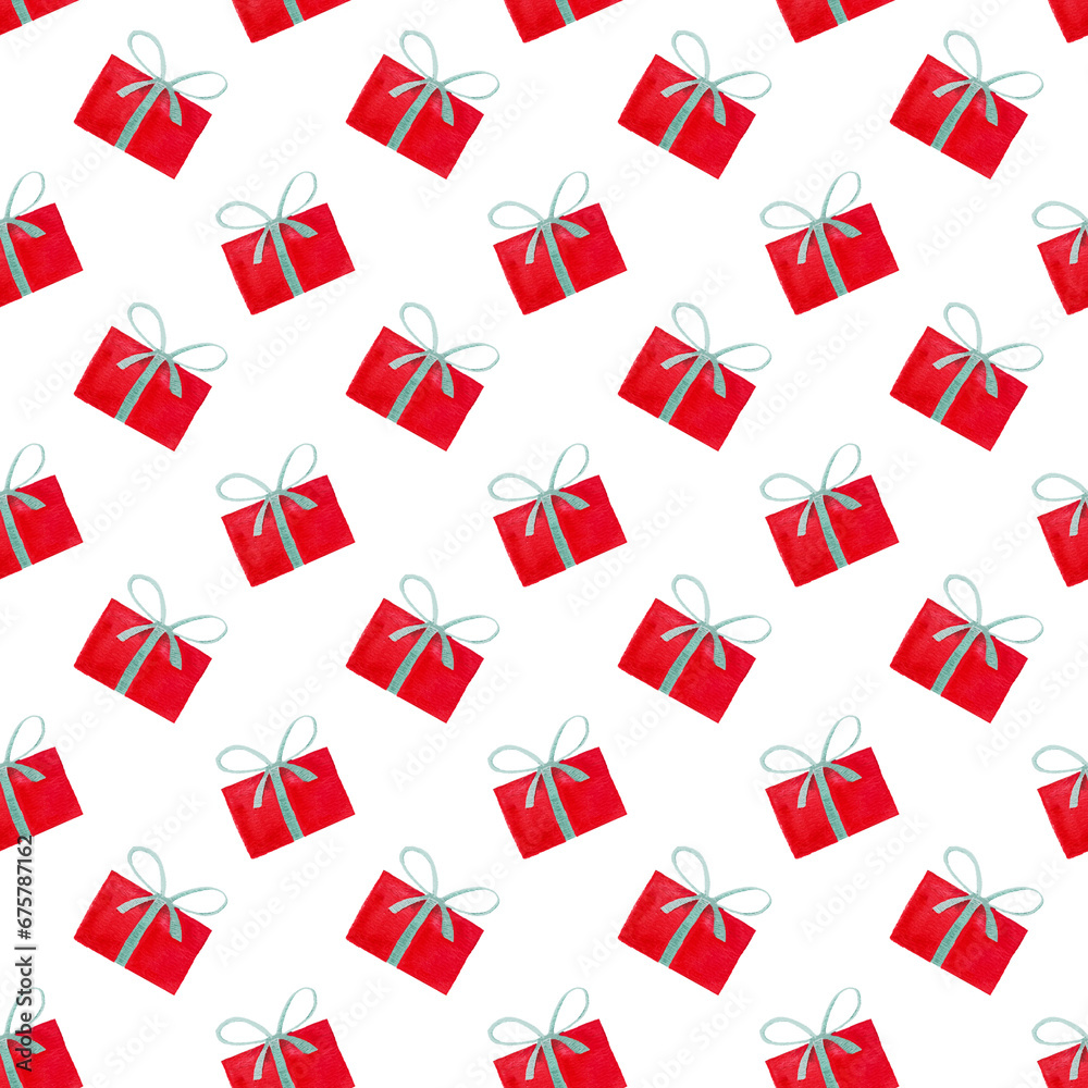 Simple hand drawn watercolor Christmas seamless pattern. A wrapped gift in a festive design with a bow, a box with a New Year's present