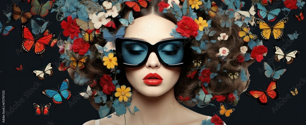 Surreal fashion portrait of a beautiful woman with butterflies and flowers in her hair. Stylish woman with flowers and butterflies around her head, beauty and make-up concept