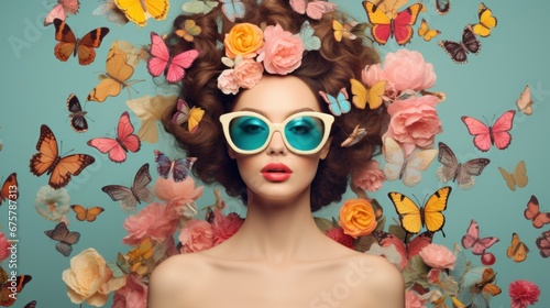 Surreal fashion portrait of a beautiful woman with butterflies and flowers in her hair. Stylish woman with flowers and butterflies around her head, beauty and make-up concept photo
