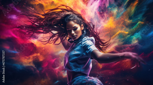 Young woman dancing hip-hop in bright cloud colorful dust background. Colorful portrait of a young woman dancing. Female dancers performing street dance on colourful background photo