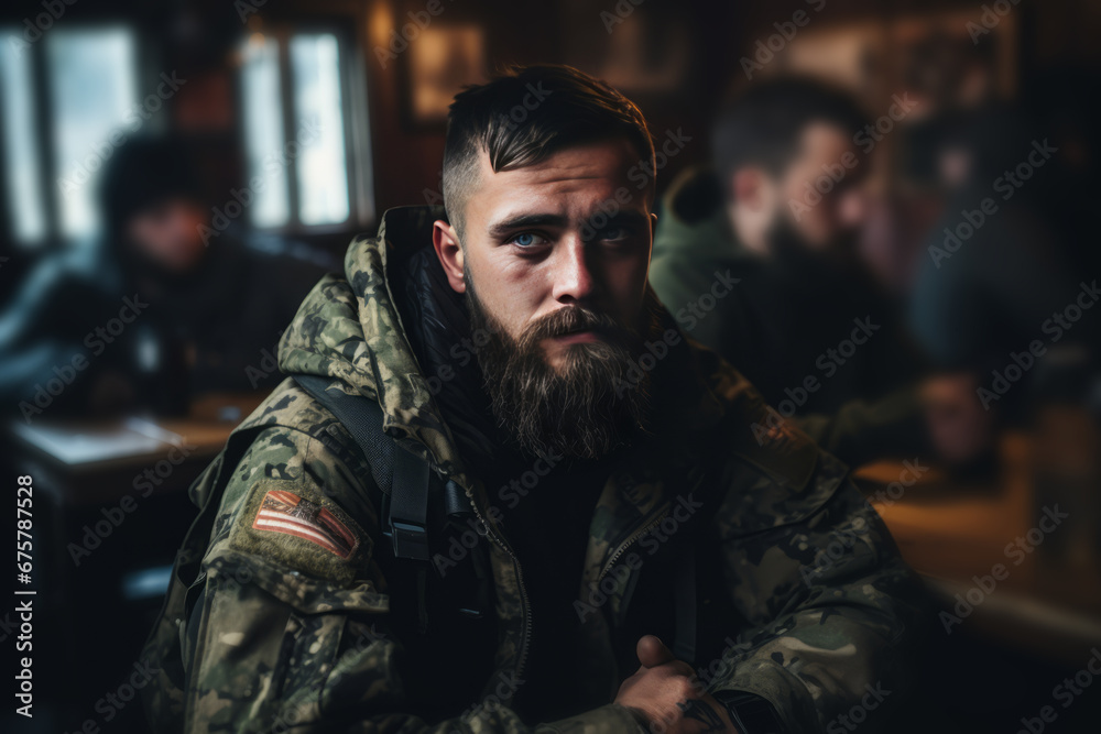 A man in military camouflage uniform sits at a table in a dark room surrounded by other people A man in military camouflage uniform sits at a table in a dark room surrounded by other people