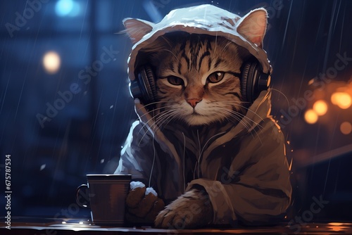 A charming scene of acat with headphones on, perched comfortably on a cushioned window sill, gazing out at a rainy cityscape, lo-fi background photo