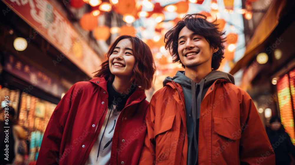 happy smiling Chinese couple in a Plaza shopping district background in the Chinese new year