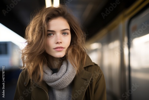 Portrait of a beautiful young woman in a beige coat and gray scarf on the background of the subway.