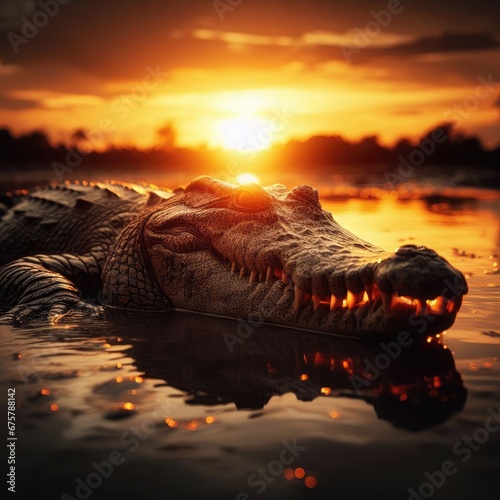 crocodile  on  sunset in the morning