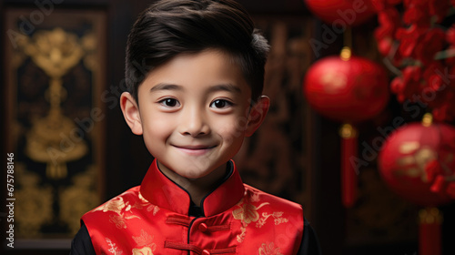 happy smiling Chinese boy wearing red traditional clothing for Chinese new year