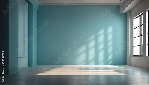 A light blue abstract backdrop with few elements for showcasing products Plaster the wall with shadows and light coming from windows