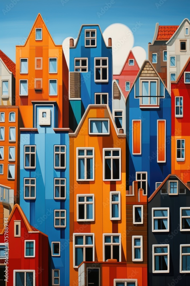 A painting of a group of colorful buildings