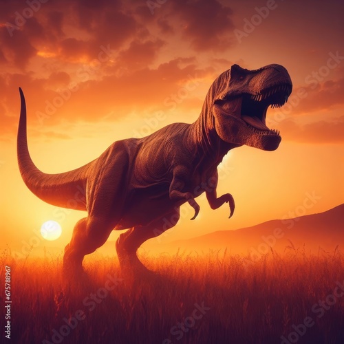 tyrannosaurus rex on sunset in the morning
