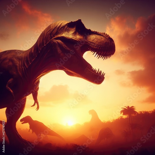 tyrannosaurus rex on sunset in the morning