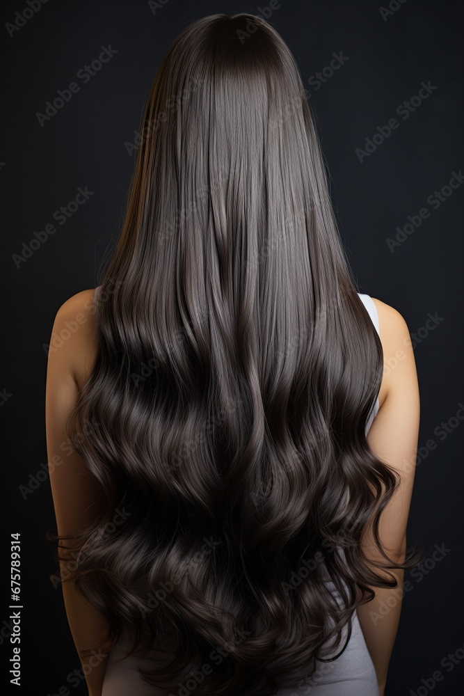 Naklejka premium Portrait of a beautiful girl with luxurious long hair. Back view.