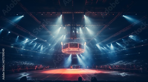 Boxing arena with blurred spectator and stadium light