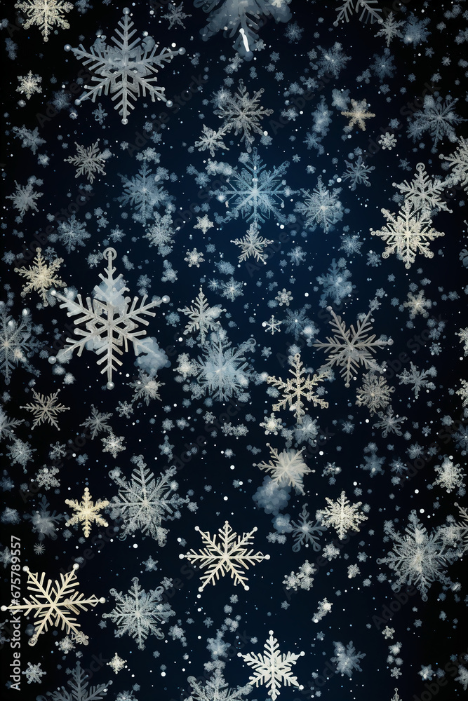 black background with white 3 dimentional tiny white snowflakes all over. AI generative black background with white 3 dimentional tiny white snowflakes all over. AI generative