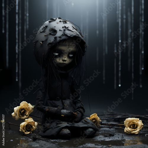 Photo de poupée vêtue de noir effrayante et glauque 