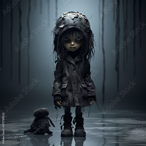 Photo de poupée vêtue de noir effrayante et glauque 