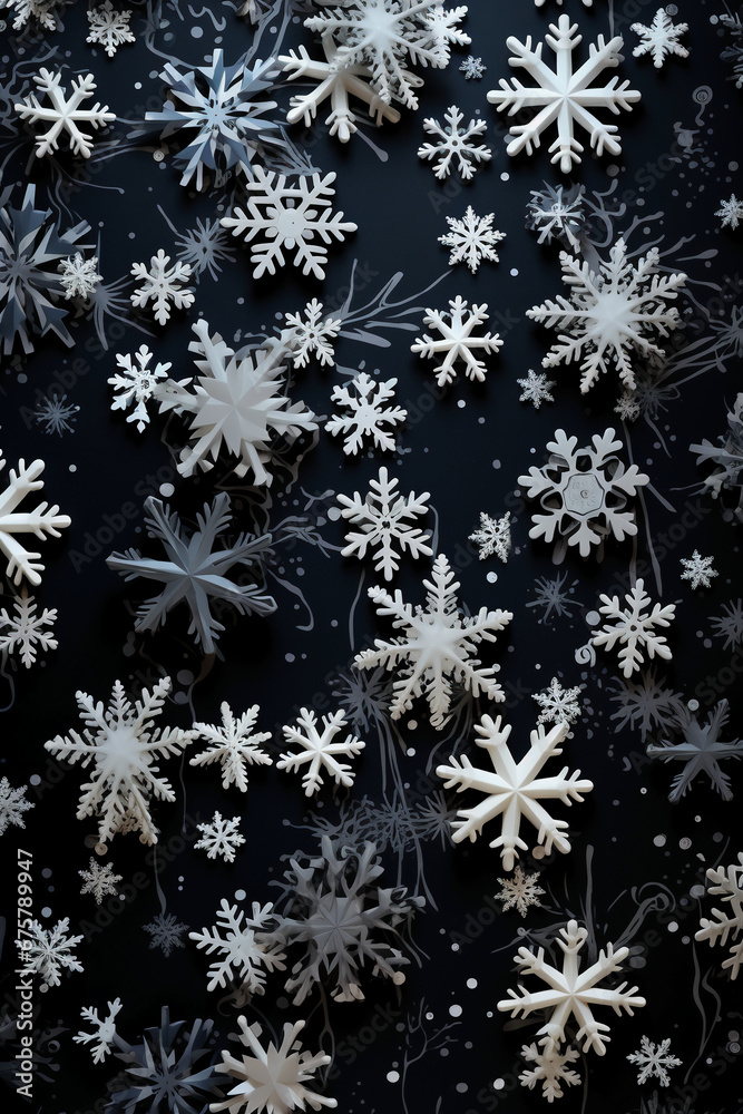 black background with white 3 dimentional tiny white snowflakes all over. AI generative black background with white 3 dimentional tiny white snowflakes all over. AI generative