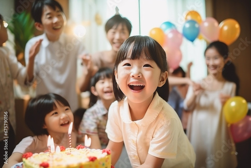 A beautiful young girl and her Asian friend have fun celebrating their birthday with a birthday cake and candles while smiling for the camera. Celebrate children s birthdays with family
