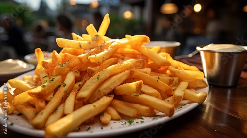 Salted French fries in bowl on a wooden tray